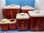 画像1: Red Plastic  Canister　With Lid  Set　Of 6 / レッド　プラスチック製　蓋付きキャニスター　6個セット　50‘s (1)