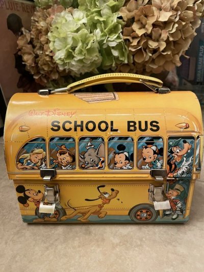 画像1: Disney Mickey Mouse  Tin School Bus Lunch Box With Thermos / ミッキーマウスのティン製　スクールバス　ランチボックス 水筒付き、60年代