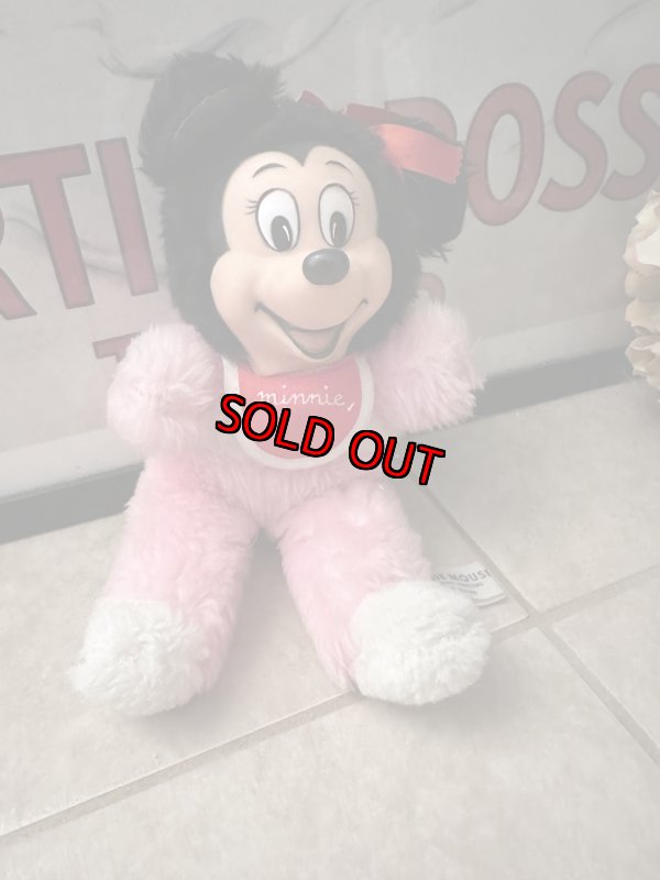 画像1: Disney Minnie Mouse Rubber Face Pink plush  Doll / ミニーマウスのラバーフェイス、ピンクぬいぐるみ　スタイ付き (1)
